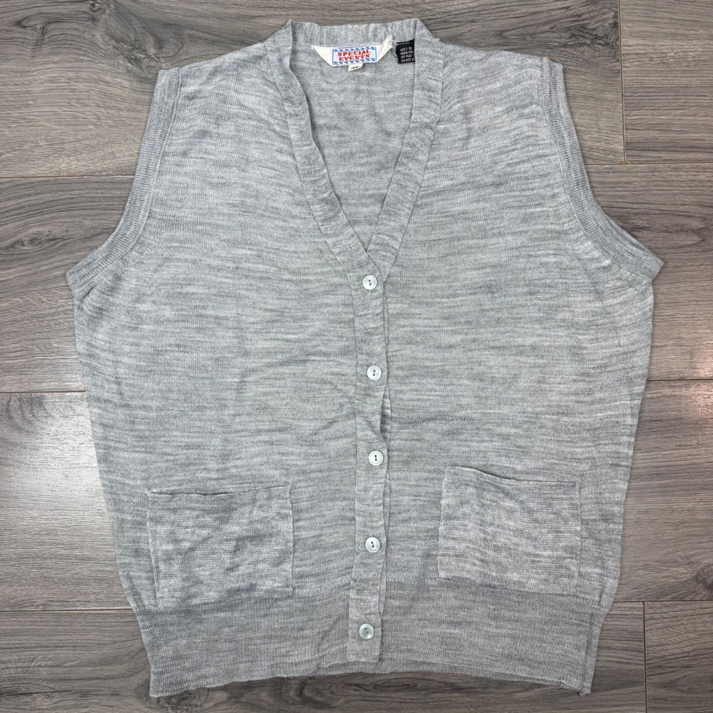 Vintage Special Events Gray Sweater Vest Button Front V-Neck Pockets Mens L 40